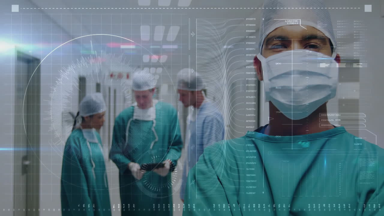 Discussing digital data overlay, medical team in scrubs in hospital corridor