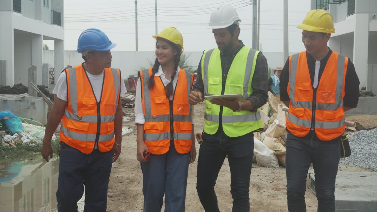 Group team architect and builder walking and looking digital tablet computer for inspect project residential at construction site, contractor and worker discussion and planning, engineer concept.