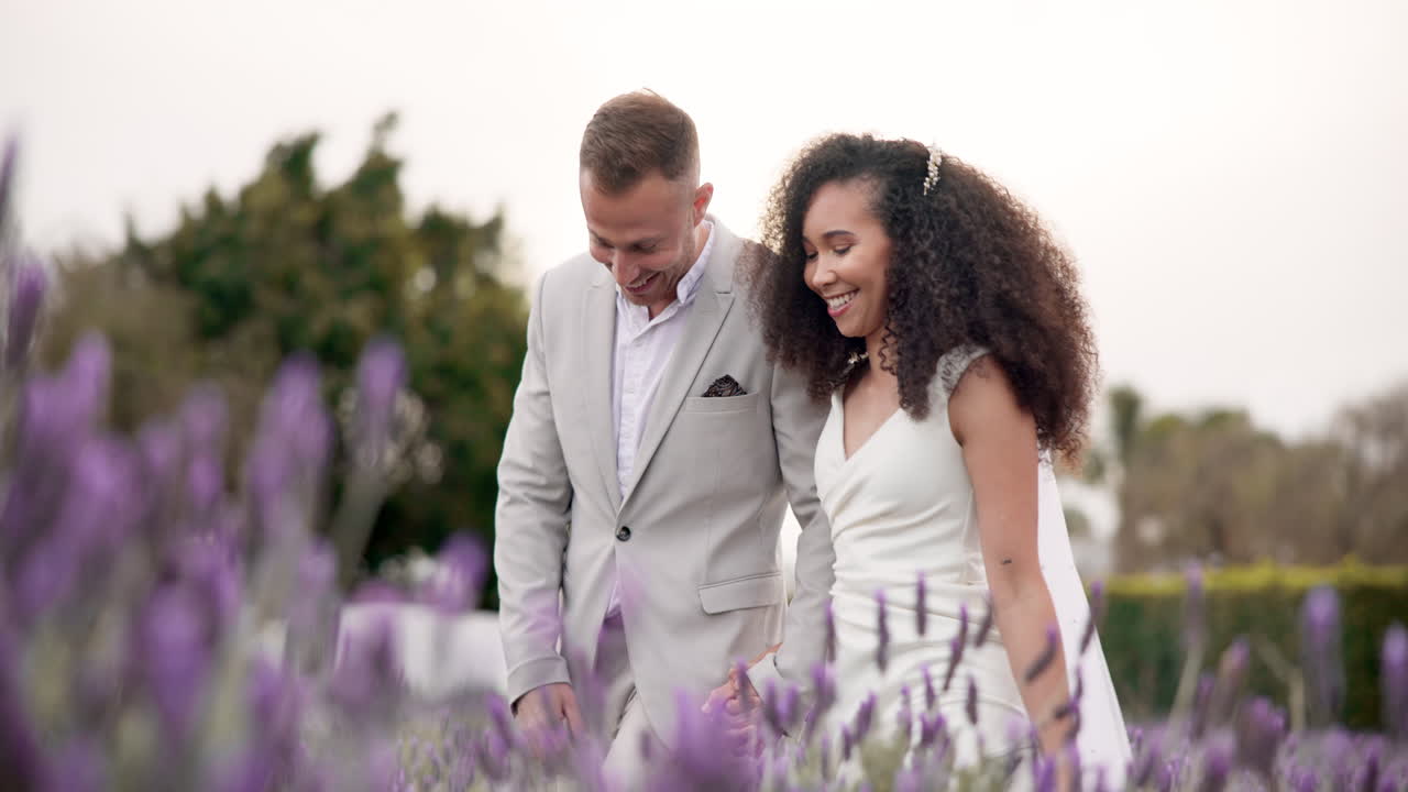 Wedding, bride or groom holding hands in field