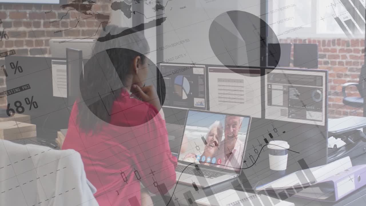 Animation of statistics recording over woman using laptop on video call