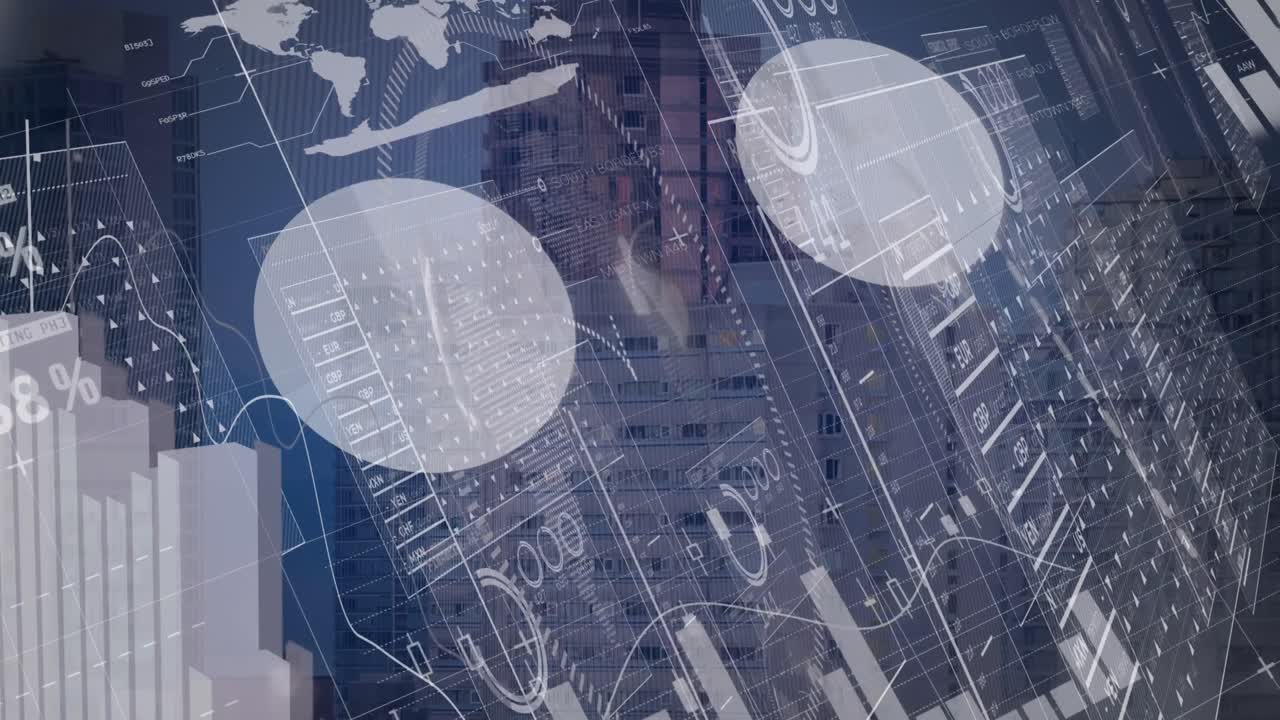 도시 풍경 위의 데이터 처리 애니메이션