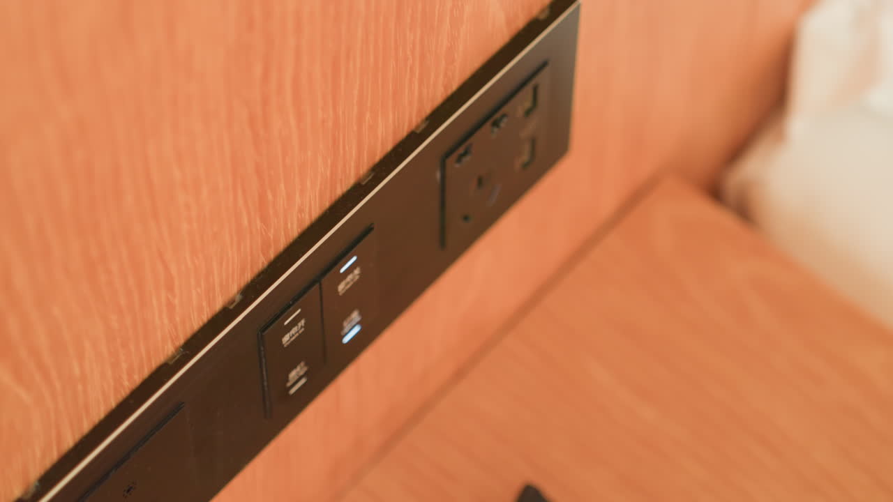Hotel room nightstand showcases integrated outlets and ambient lighting features. Detailed view of hotel headboard emphasizing practical power outlets and gentle lighting for guests