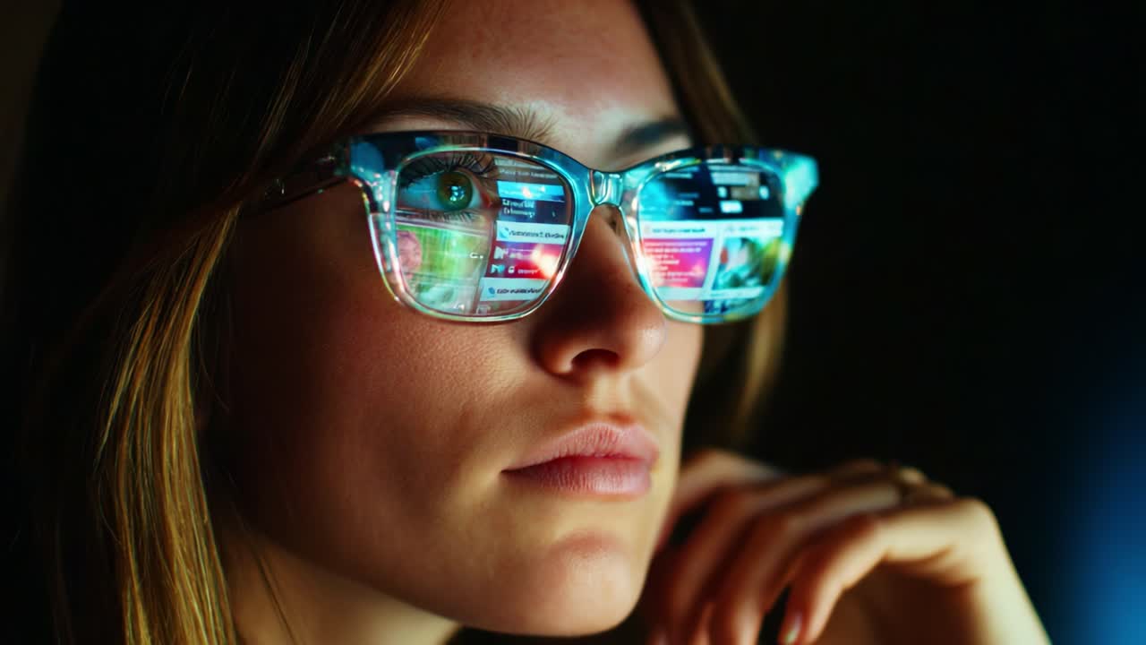 A Close-Up View of a Thoughtful Woman Wearing Stylish Glasses, Reflecting Digital Screens That Showcase Vibrant Colors and Texts, Capturing a Moment of Introspection and Modern Technology Interaction