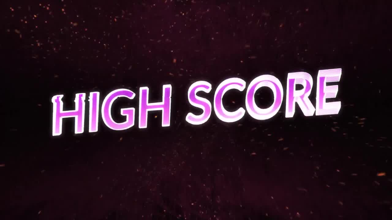 Animation of glitch effect over high score text banner over particles against black background