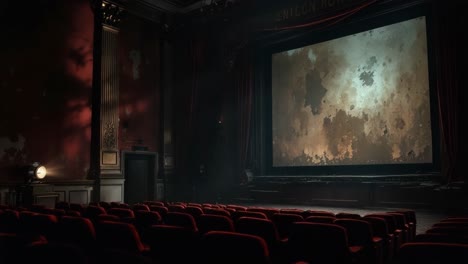cinematic theater interior showcasing evolving screen visuals and atmospheric lighting effects