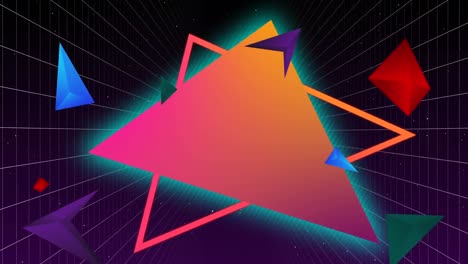 Digital-animation-of-neon-triangle-shape-and-multicolored-triangle-shapes-moving-against-grid-lines-