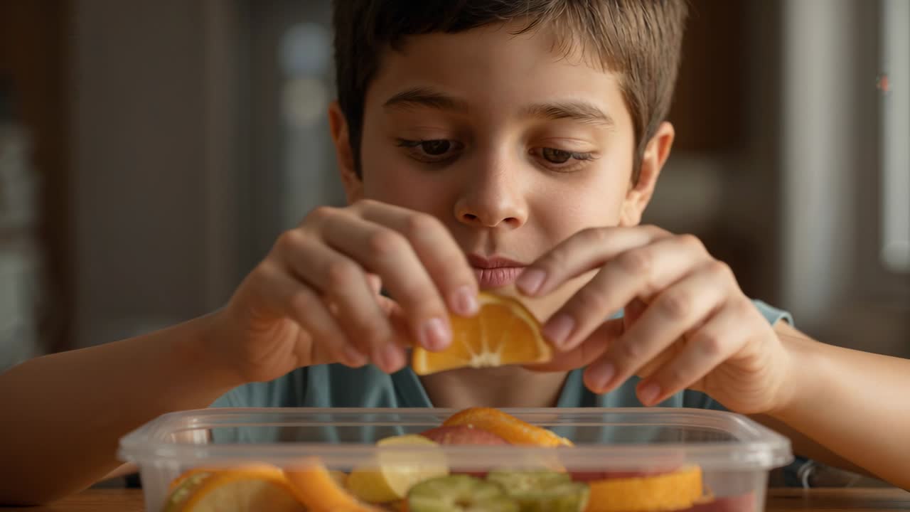 Contenitore di plastica in evidenza, un ragazzo in camicia blu si appoggia al tavolo della cucina, controllando uno spicchio d'arancia per uno spuntino.