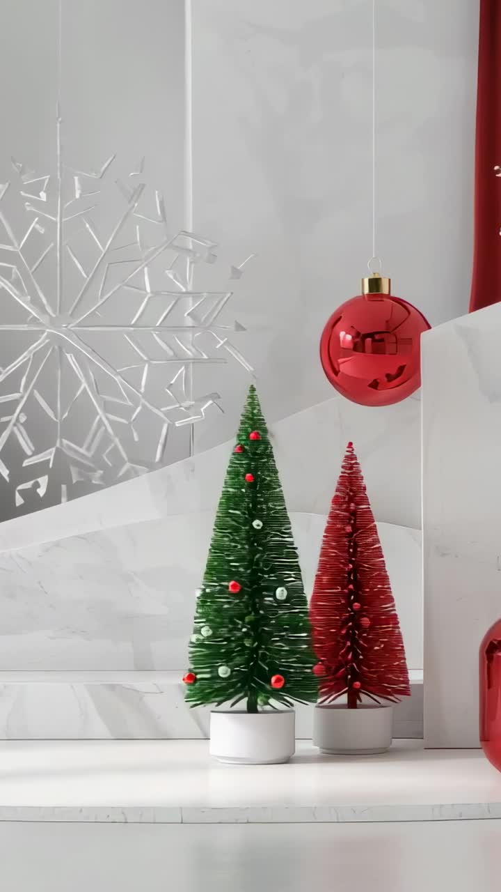 Vertical video: Sliding trees on shelf, baubles descending and curtain unfurling, copy space