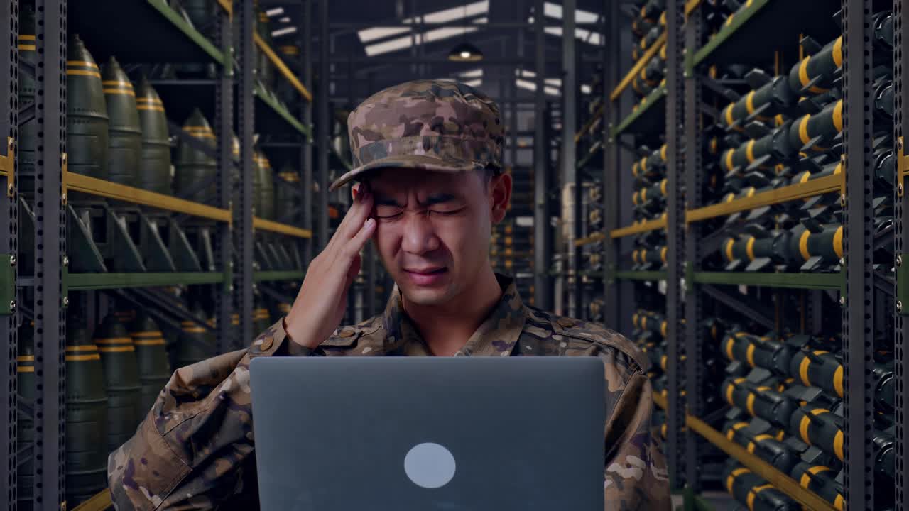 Close Up Of Asian Man Soldier Using A Laptop And Having A Headache While Standing In Military Ammunition Warehouse
