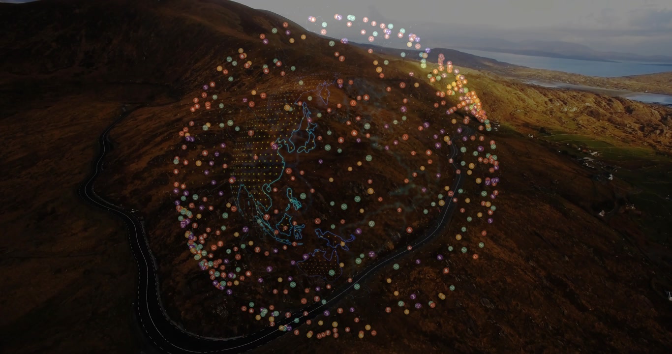 Circular halo appearing initiating 3D data globe lit points and lines rotating to reveal continents