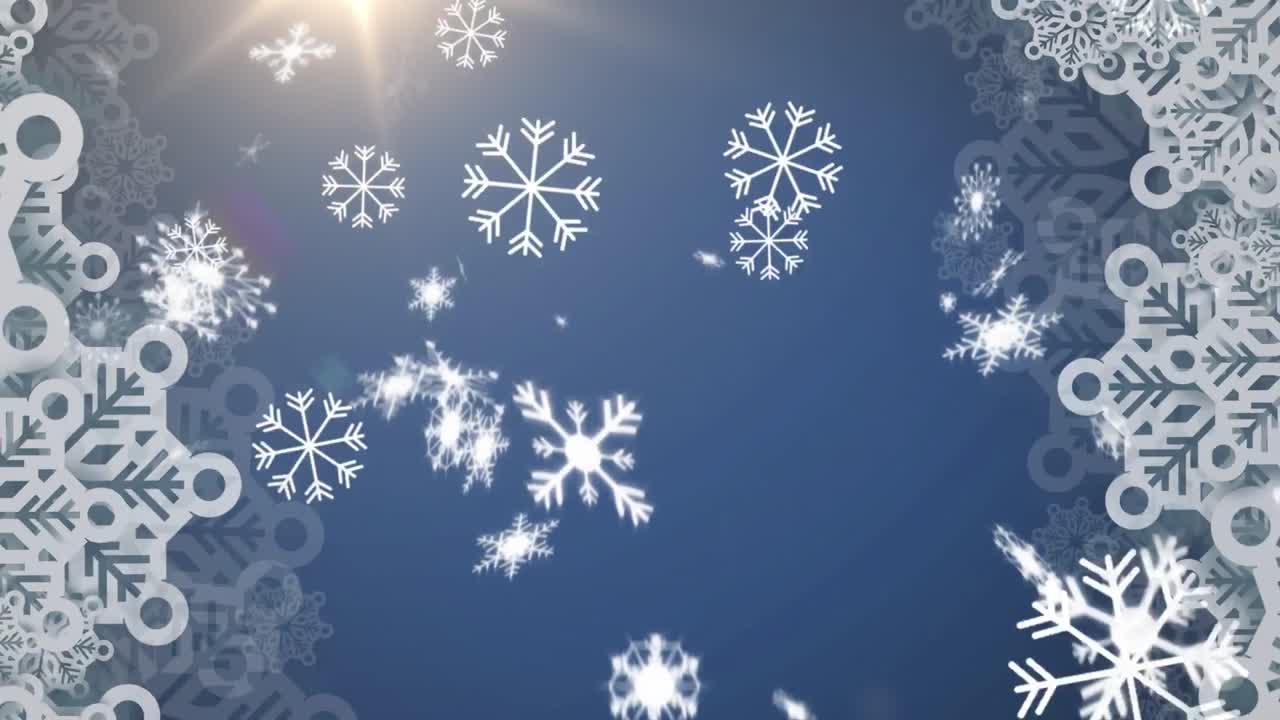 파란색 배경에 밝은 빛의 반점에 맞춰 떨어지는 여러 개의 눈송이의 디지털 애니메이션