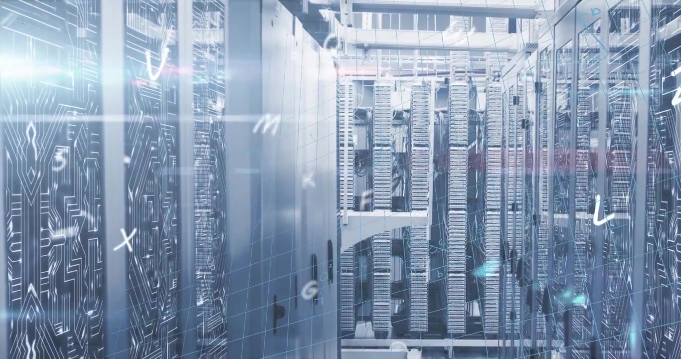 Animation of mathematical equations and letters over server room