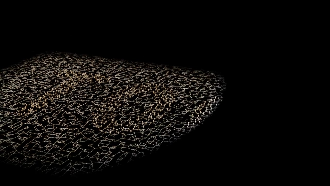 Rotating camera revealing pawn on glossy plane in black void while mesh forming letters