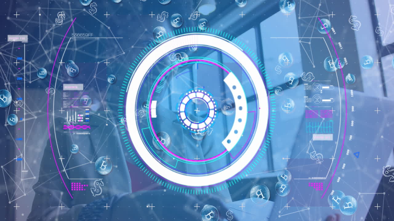 원의 애니메이션, 비트코인 아이콘, 연결된 점, 노트북을 사용하는 놀라운 아프리카계 미국인 여성