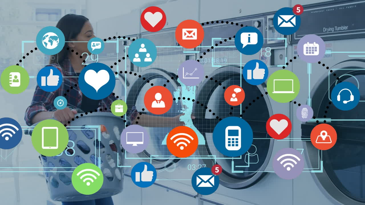 세탁기를 가진 두 인종의 여성에 대한 데이터 처리 애니메이션