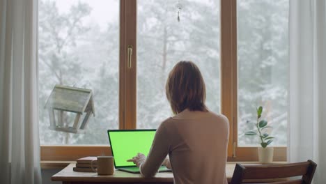 back view of woman typing on mock up laptop sitting by window winter snowy landscape. faceless girl freelancer working indoors at wooden table cozy interior slow motion. freelance lockdown concept