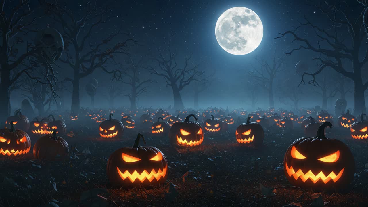 A Spooky Collection of Ghoulish Jack-O'-Lanterns Illuminated Under a Full Moon in a Bewitched Halloween Landscape, Perfect for Eerie Autumn Nights