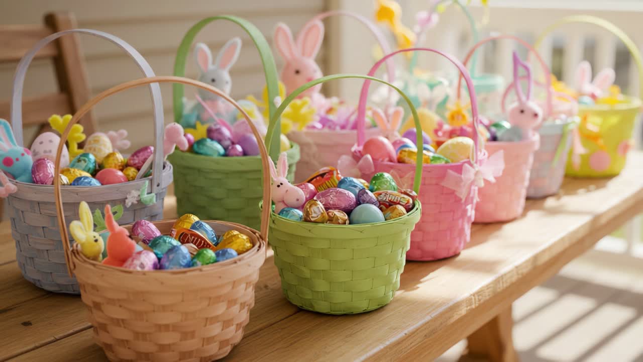 Vibrant Easter Baskets Filled with Colorful Eggs and Decorative Rabbits, Perfectly Arranged on a Wooden Table, Celebrating Joyful Spring Festivities