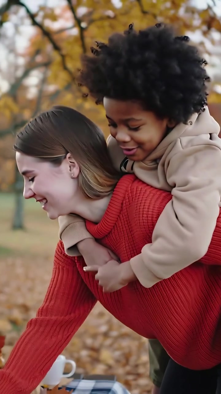 Video verticale: Un bambino che si arrampica aggrappandosi alla mamma con un maglione rosso, lei lo tiene, mentre allunga la mano per prendere una tazza nel parco