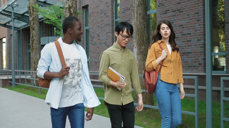 Caucasian, asian and african american students talking while walking down the street near the college