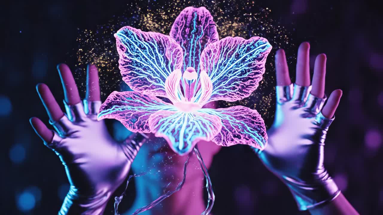 Futuristic Glowing Hands and Holographic Flowers