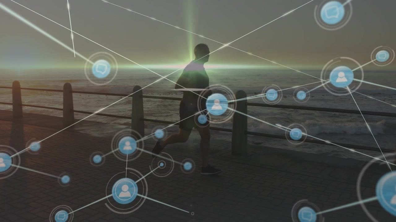 Animation of network of connections over senior caucasian man running on promenade