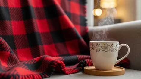 a cozy scene featuring a steaming cup of tea or coffee on a stylish wooden coaster with a warm, checkered blanket in the background, perfect for relaxation