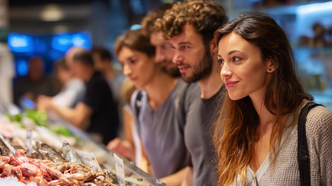 Una vivace scena di un mercato di pesce con diverse persone che esaminano il pescato fresco a un banco affollato, mettendo in evidenza la gioia della scoperta e della selezione culinaria