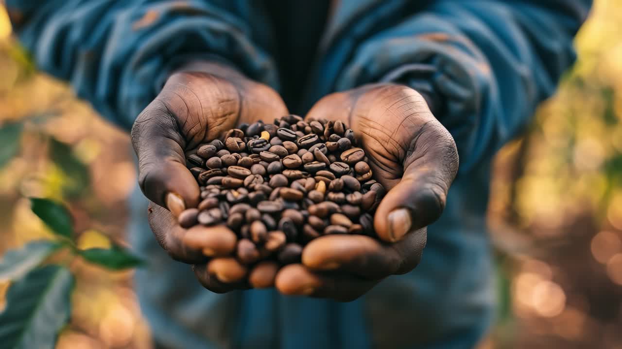 Weathered farmer hands displaying freshly roasted coffee beans, revealing agricultural expertise against lush plantation background, capturing harvest moment with rich sensory details