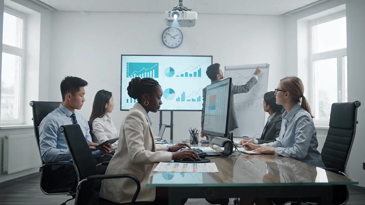 Woman Engaged in Data Analysis During a Business Presentation in a Modern Office Setting with Graphs and Charts Displayed on Multiple Screens