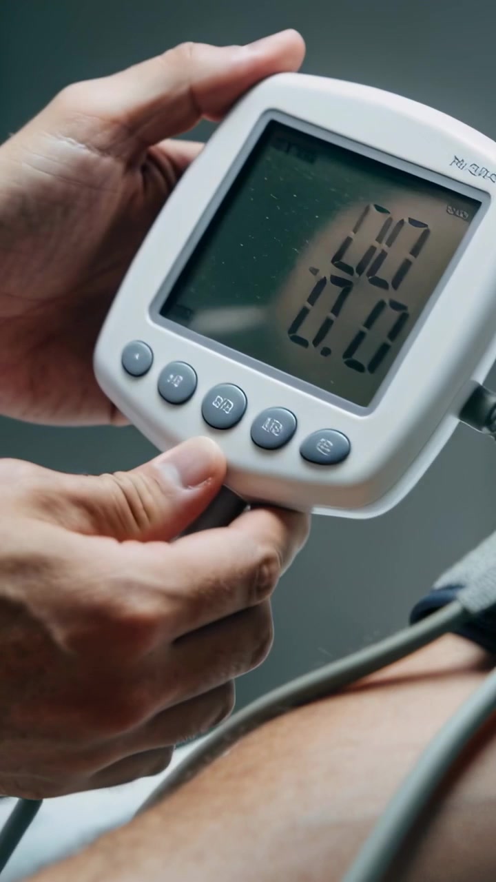 Video verticale: Inizio del controllo, infermiera che applica il bracciale per la pressione sanguigna sul braccio nudo del paziente in clinica, misurando la pressione sanguigna.