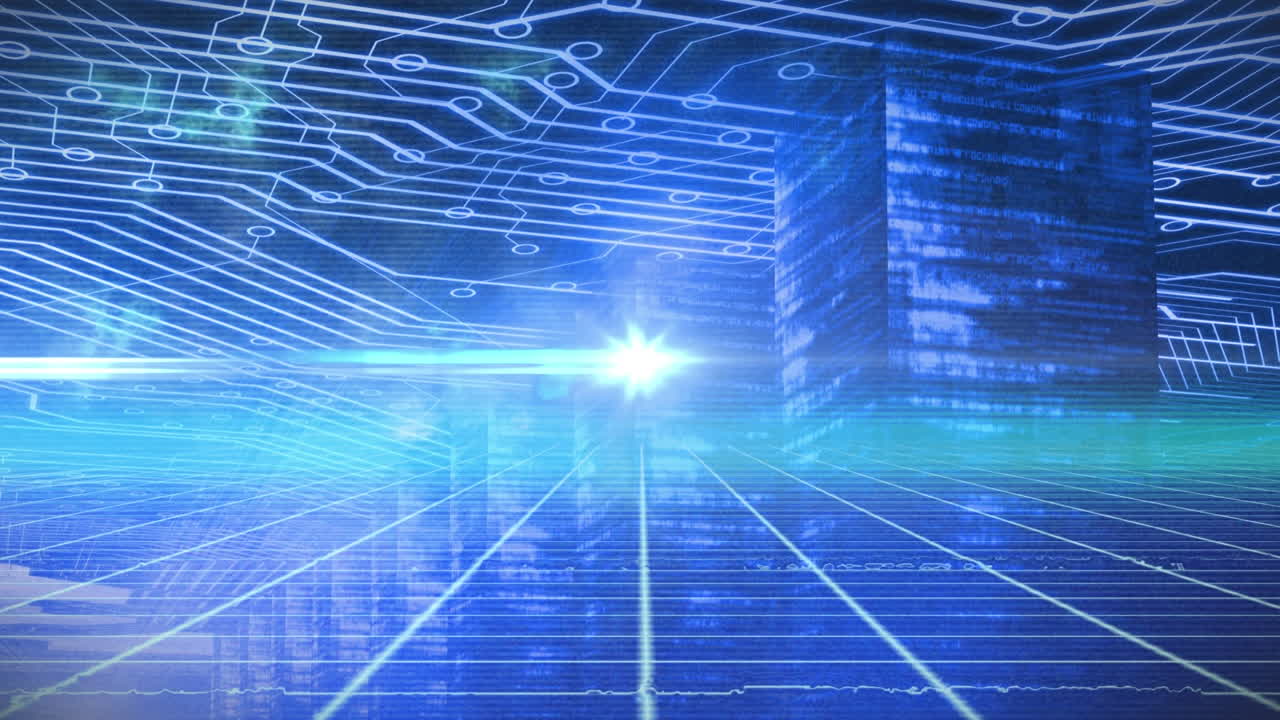 파란색 배경에 있는 마이크로프로세서 연결에 대한 그리드 네트워크를 통해 빛의 스 ⁇ 의 애니메이션