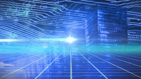 animation of light spot over grid network against microprocessor connections on blue background