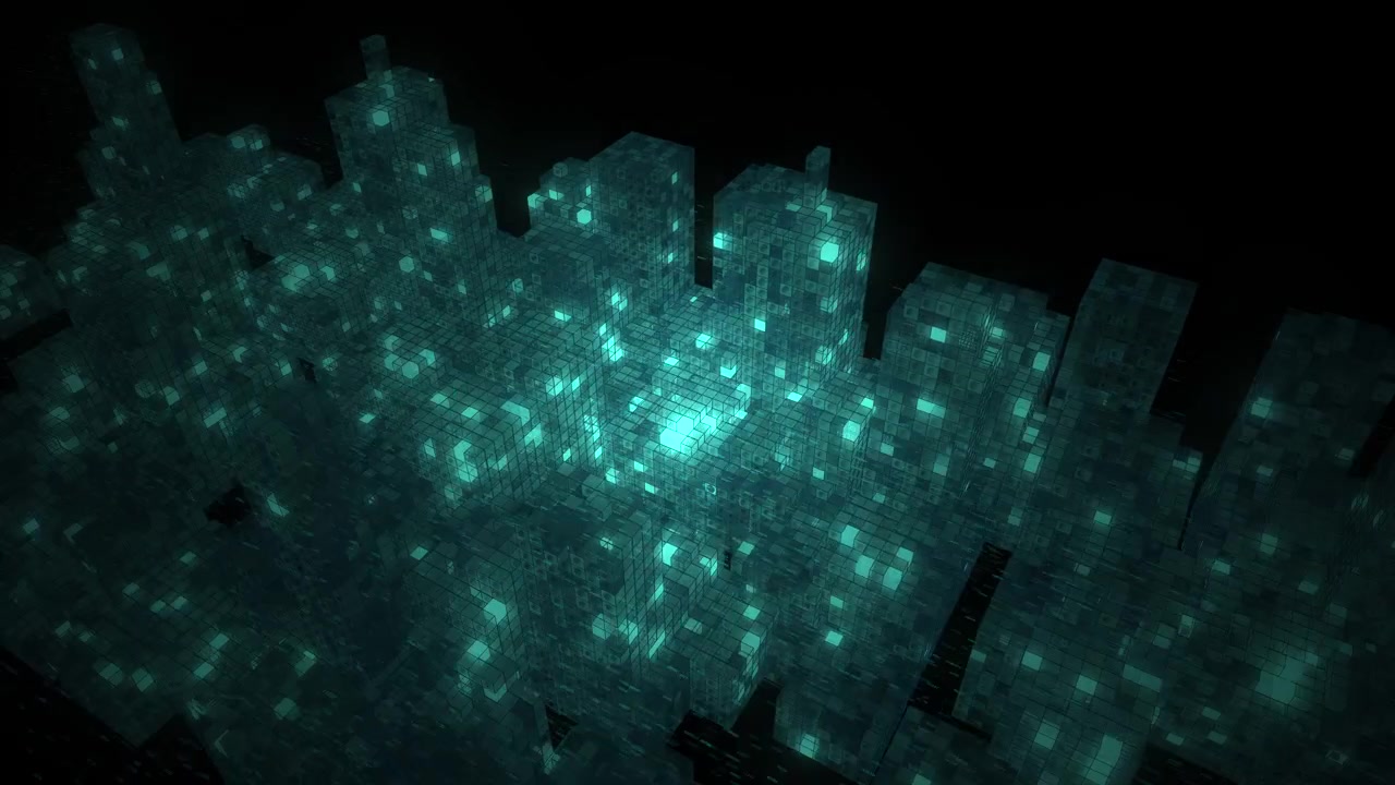 En ekspansiv mørkegrøn datacentermatrix, der danner et digitalt skyskraberbygitter, ideel til cybersikkerhed, hacking og dark web-temaer