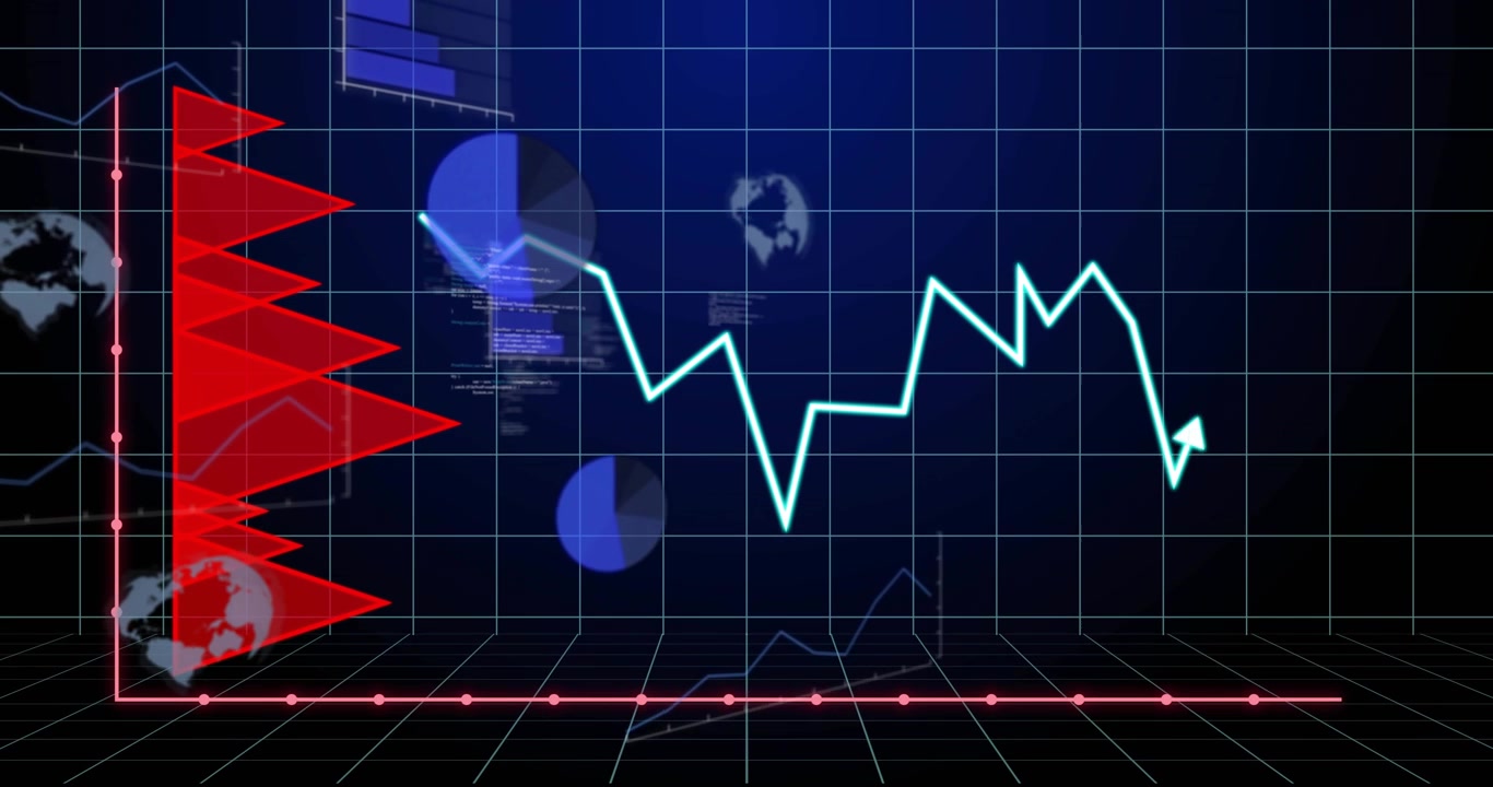 Cyan jagged trend line updating across 3D grid, marker causing charts showing finance trend decline
