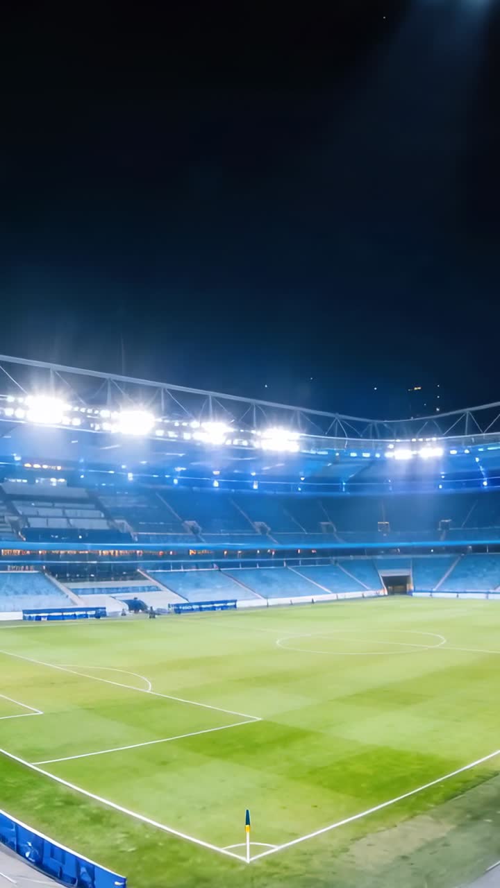 Video verticale: La telecamera si inclina e si muove verso l'alto su un campo da calcio in erba vuoto di notte, rivelando i riflettori