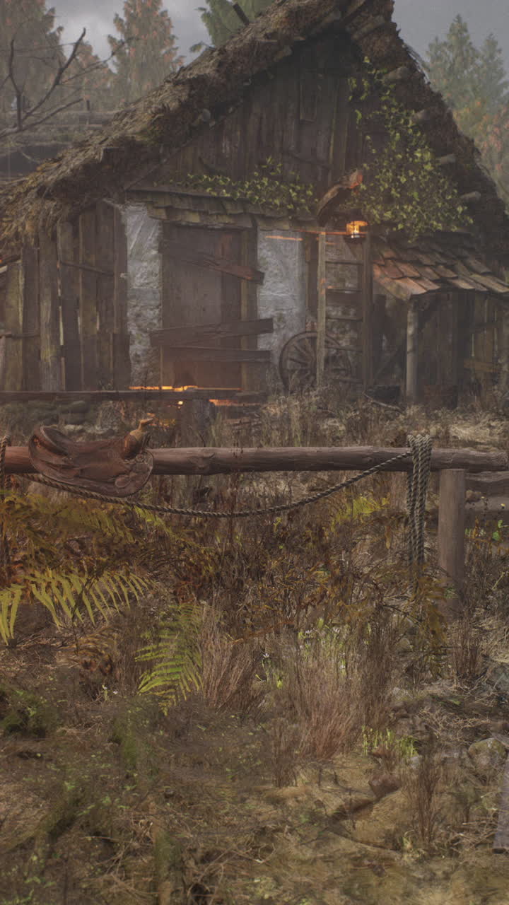 día de niebla en una cabaña abandonada en el bosque