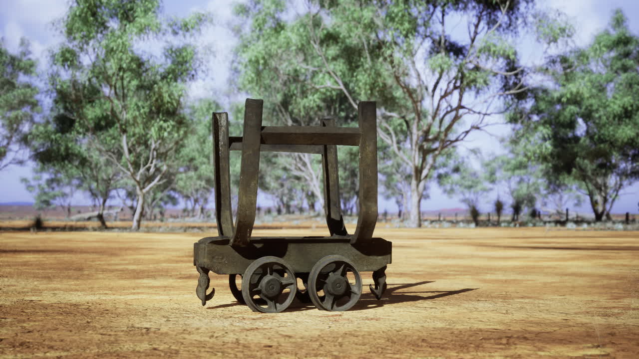 Rustic rail cart under a bright sky in an open field