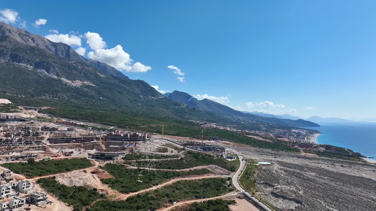 Paragliding Destination Over Green Coast Resort And Residence In Palase, Albania. Aerial Drone Shot