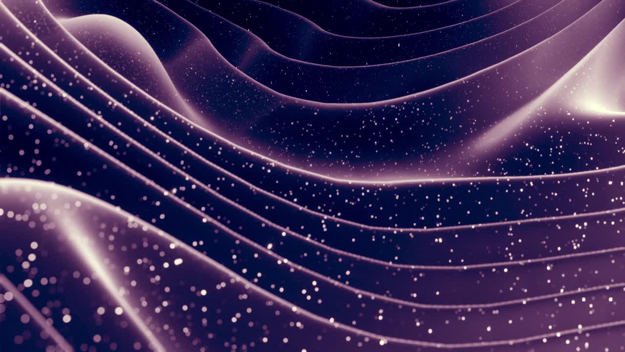 Abstract waves of soft black matte material with light inner glow and glitters on morphing surface. Abstract geometric surface like landscape or terrain, extrude or displace 3d noise. Loop 4k