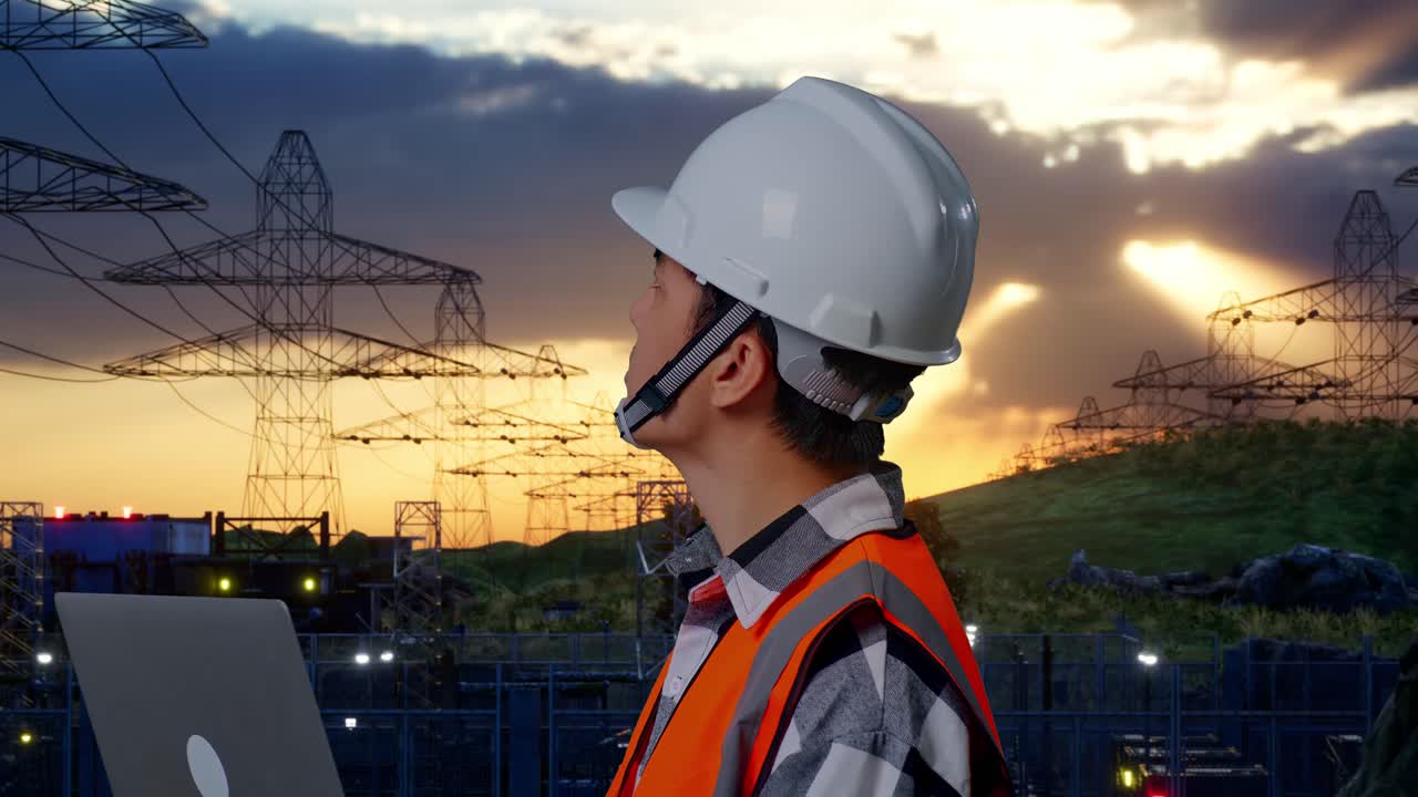 Close Up Side View Of Asian Male Engineer With Safety Helmet Working On A Laptop And Looking Around While Standing Near High Voltage Tower
