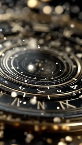 intricate design of a cosmic clock face. detailed cosmic clock face design with golden embellishments and sparkling particles against a dark background.