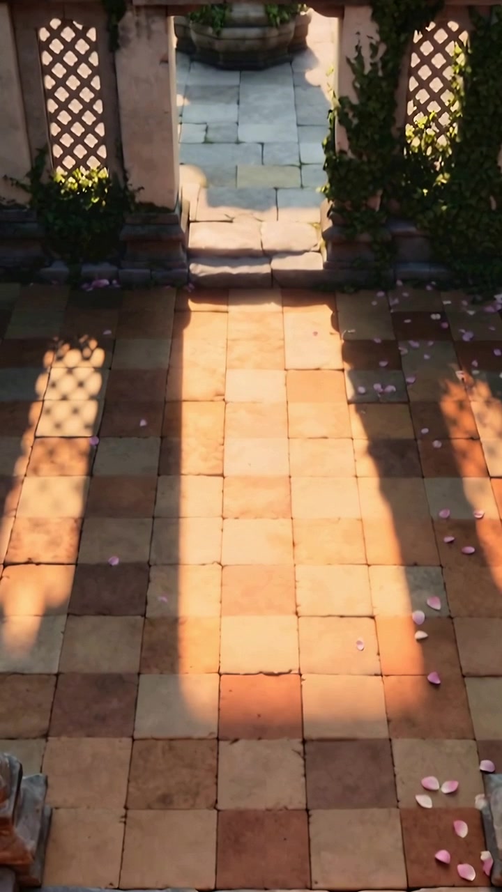 Vertical video: Panning camera revealing sunlit tiles and doorway in courtyard to show planter