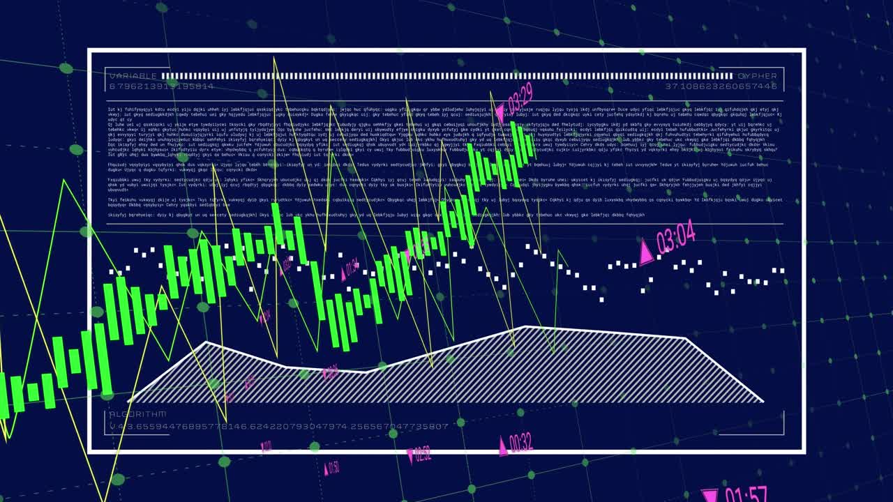 데이터의 애니메이션, 파란색 배경에 변화하는 숫자와 로딩 바를 가진 그래프
