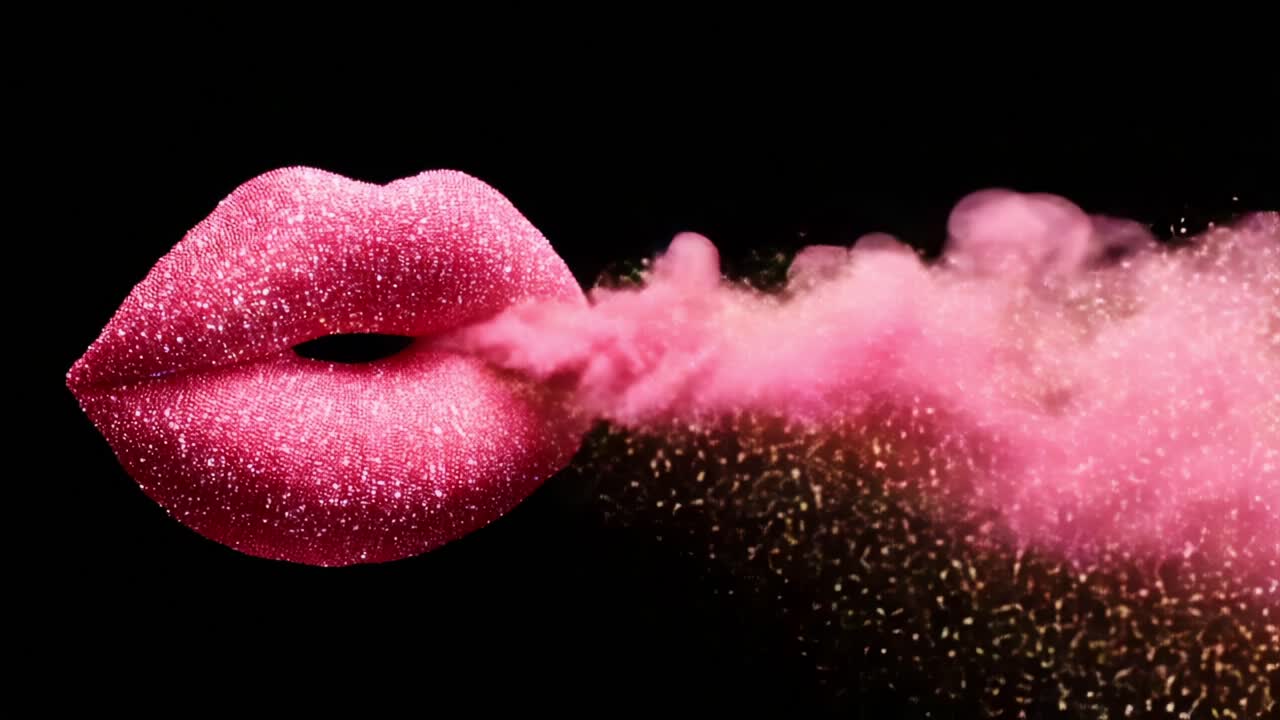Captivating Glittery Lips Emitting a Cloud of Pink Sparkles Against a Black Background, Creating a Stunning Visual Contrast That Captures Attention and Imagination