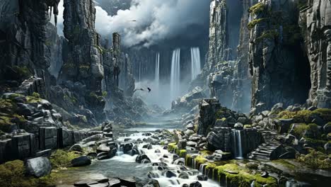 majestic waterfalls amidst towering rock formations in a serene landscape