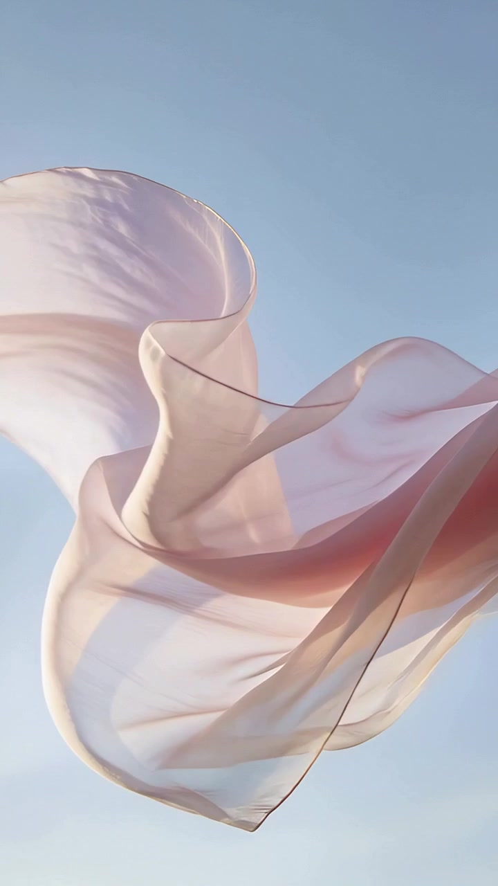 Vidéo verticale : Tissu vaporeux rose pâle ondoyant, tournoyant et se pliant dans le ciel ouvert, porté par la brise.