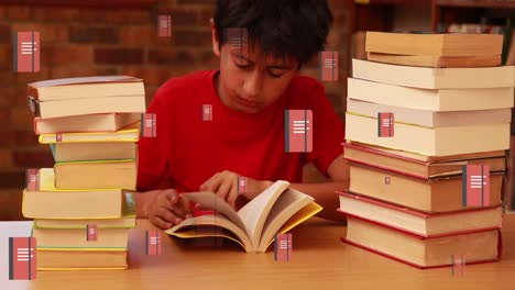 animation of books moving over schoolboy reading book