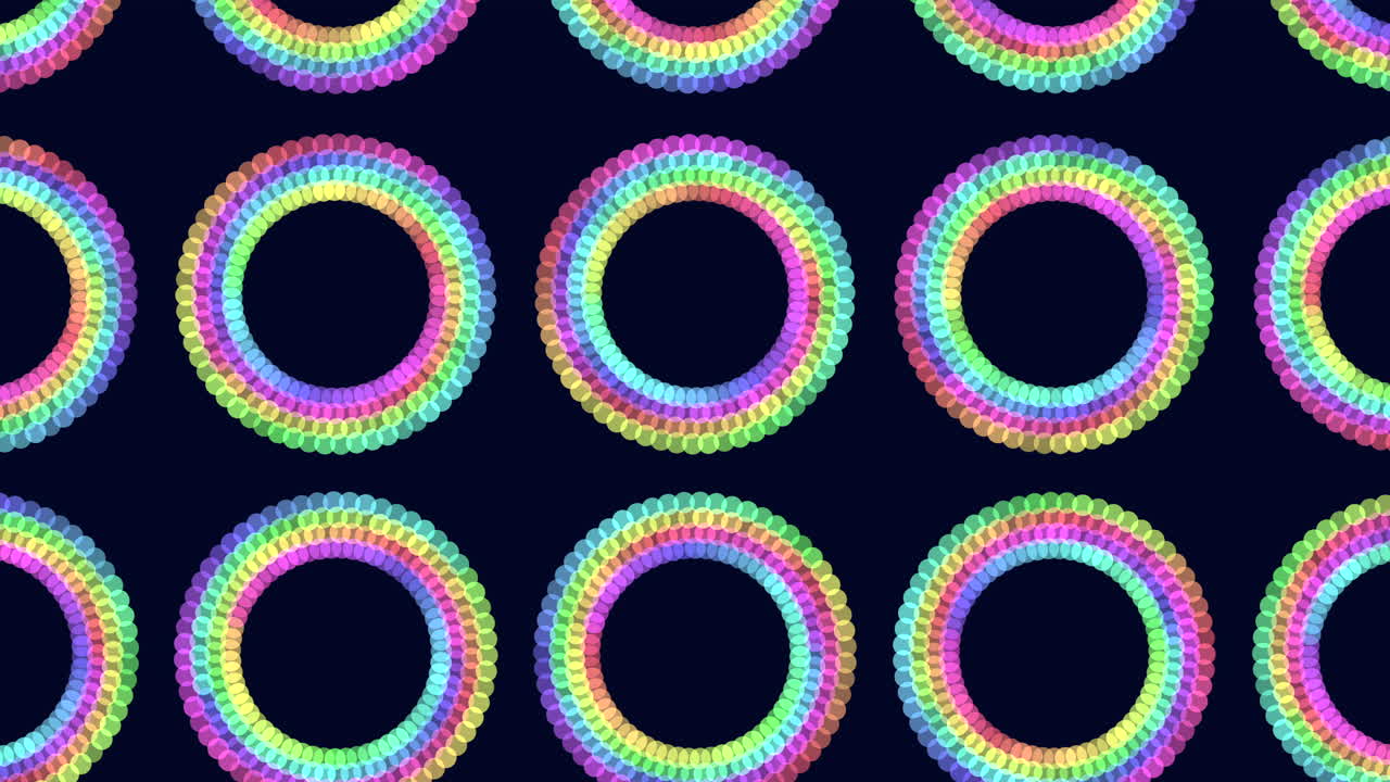 Vibrant and symmetrical circular pattern featuring colorful overlapping circles like pink, purple, blue, and green on a black background creates a visually striking and harmonious design