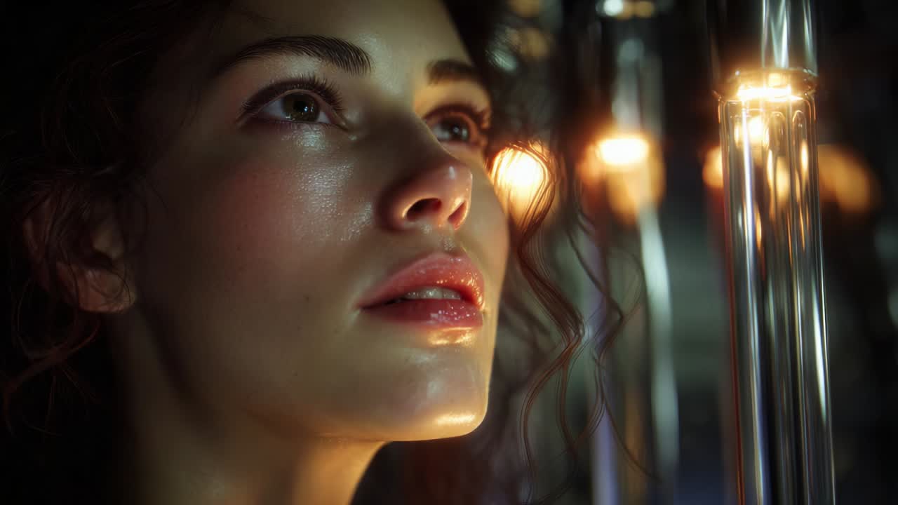 A captivating close-up of a woman's face illuminated by glowing lights, showcasing her delicate features and expression, set against a soft and blurred background that enhances the emotional depth of the moment